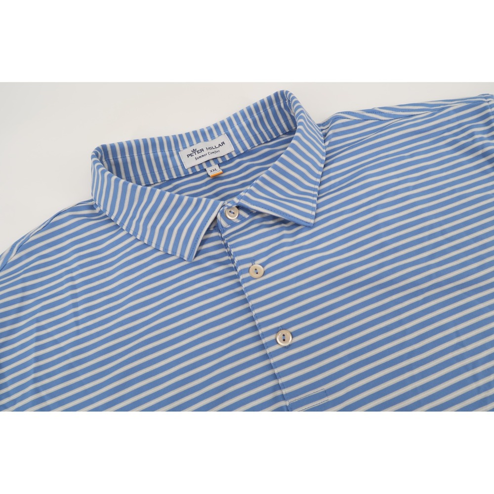 Peter Millar Summer Comfort Polo Shirt Mens XXL Blue Gray Striped Short Sleeve